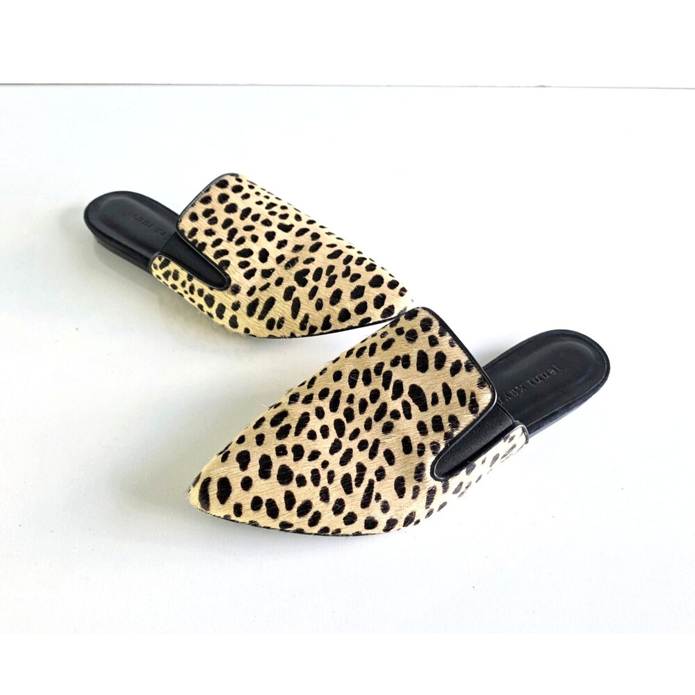 JENNI KAYNE Leopard Pony Hair Mules Tan Print Sz 38 9.9 Pointed Toe Italy